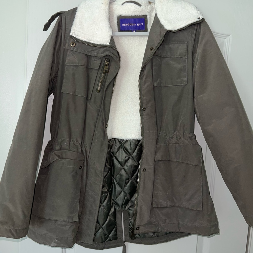 Madden Girl Olive Utility Jacket with White Sherpa Collar